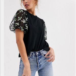 Black top with floral statement sleeves